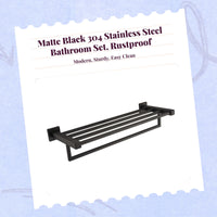 Matte Black Bathroom Accessories Set, No-Drill, Wall Mounted