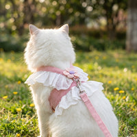 Cat Harness and Cat Leash Set with 1.5m Leash, Pink Nylon Harness for Small Medium Pets, Cute JK Style Outdoor Walking Harness for Cats
