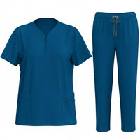 Multiple Pockets Scrub Set Stretch Material Nursing Attire Set Drawstring Waist V-Neck Scrub Top and Pants Comfortable Fit for Healthcare Workers, Caregivers, Medical Professionals, Hospital, Medical Facility