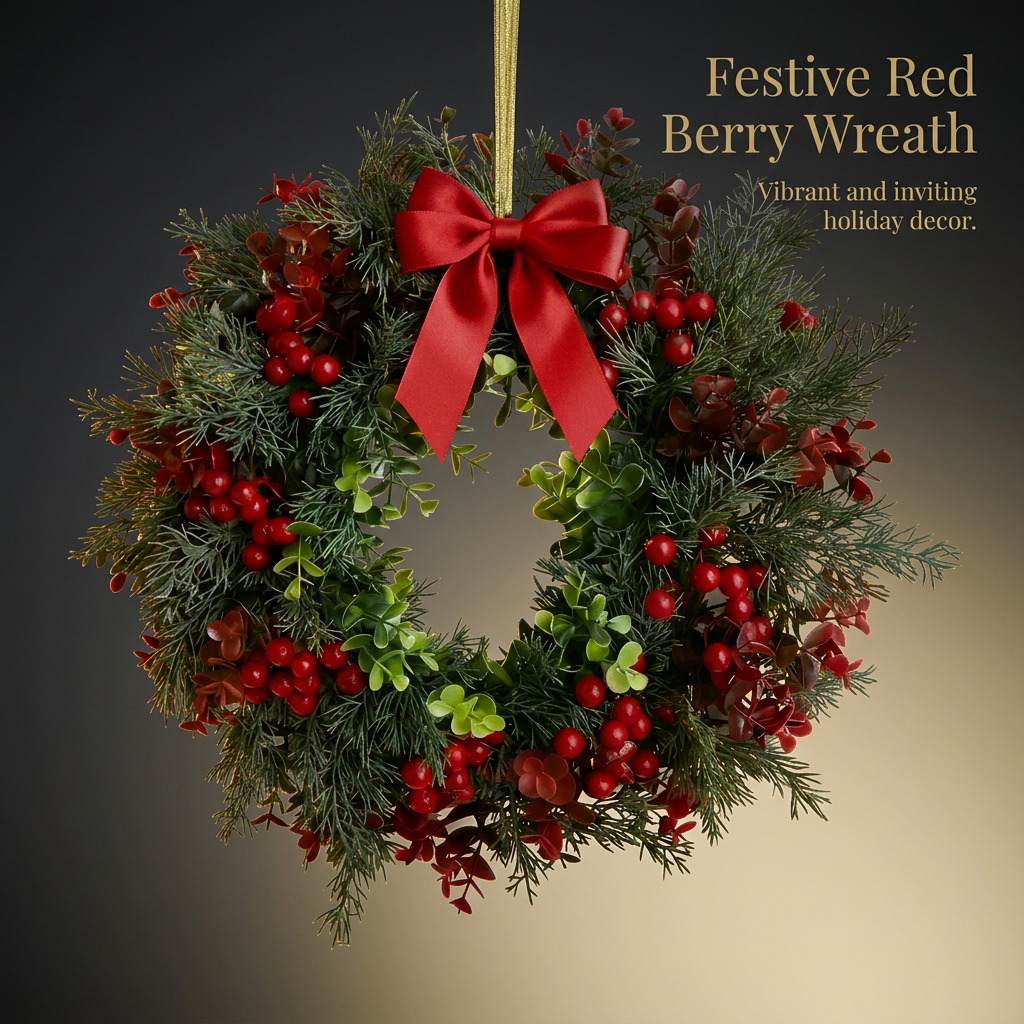 Christmas Wreath for Front Door, Artificial Christmas Wreath with Red Berries and Bow, Handmade Festive Decor for Door Wall Fireplace Mantel