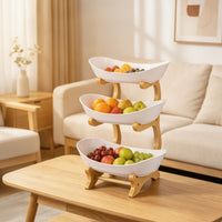 Fruit Tray Stand with Bamboo Rack Tiered Three Tier Serving Tray 3 Tier Fruit Basket Elegant Serving Stand with Bowls for Hosts