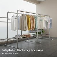Rolling Dual-rod Garment Rack Heavy-duty Clothing Organizer with Sturdy Rust-resistant Steel Double Rod Design Bottom Storage Shelf Lockable Wheels Windproof Holders for Students Balcony Outdoor Dorm Room Home