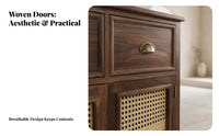 Rattan Door Console Modern Chinese Design Accent Cabinet with Woven-Panel Doors Vintage Aesthetic Multi-Functional for Entryway