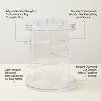 Makeup Box Make Up Organiser Storage, Clear Acrylic Round Diamond Pattern, Aftershave Stand for Bathroom, 360 Rotating Organizer