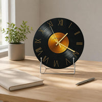 Retro Vinyl Record Desktop Clock with Stand, Italian Minimalist Tempered Glass Table Clock for Living Room Decor