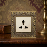 Ornate Universal Socket with Floral Border Gold-Toned Retro Wall Outlet Embossed Hardware Zinc Alloy for Interior Designers, Homeowners, Home Renovation, Villas, Hotels
