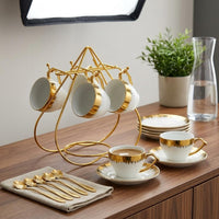 6 Sets Ceramic Coffee Cup Set Gift Idea Gold Rim Cup Set Space-Saving Rack