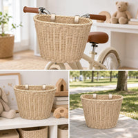 Large Handmade Woven Rattan Bicycle Basket for Kids - Vintage Front Handlebar Basket for Balance Bikes and Scooters