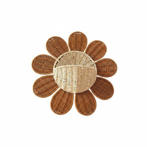 Woven Rattan Storage Basket Multi-Functional Flower Shaped Wall Basket Easy to Clean Yellow Blossom Hanging Planter for Bedroom
