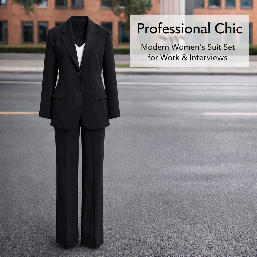 Women's Trouser Suits 2 Piece Elegant Set for Office and Interview, Long Sleeve Jacket with Elastic Waist Trousers for Work