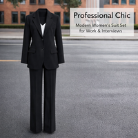 Women's Trouser Suits 2 Piece Elegant Set for Office and Interview, Long Sleeve Jacket with Elastic Waist Trousers for Work