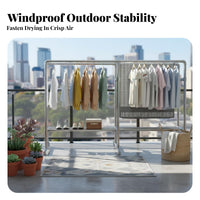 Rolling Dual-rod Garment Rack Heavy-duty Clothing Organizer with Sturdy Rust-resistant Steel Double Rod Design Bottom Storage Shelf Lockable Wheels Windproof Holders for Students Balcony Outdoor Dorm Room Home