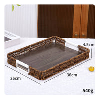 Wood Serving Tray with Handles Flat-Base Woven Rattan Style Tray for Breakfast
