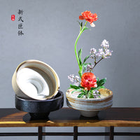 高脚小花器禅意中式日式插花器皿茶席复古陶瓷桌面摆件剑山插花器