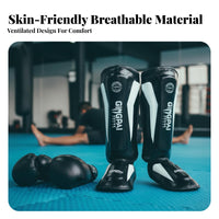 High Force Protection Muay Thai Leg Guards Adjustable Straps Muay Thai Shin Guards Long-Lasting PU Leather for Adults, Men, Training, Gym