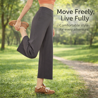 Wide Leg Trousers for Women with High Waist and Elastic Waistband, Cropped Pants in Stretch Nylon, Casual Gym Workout