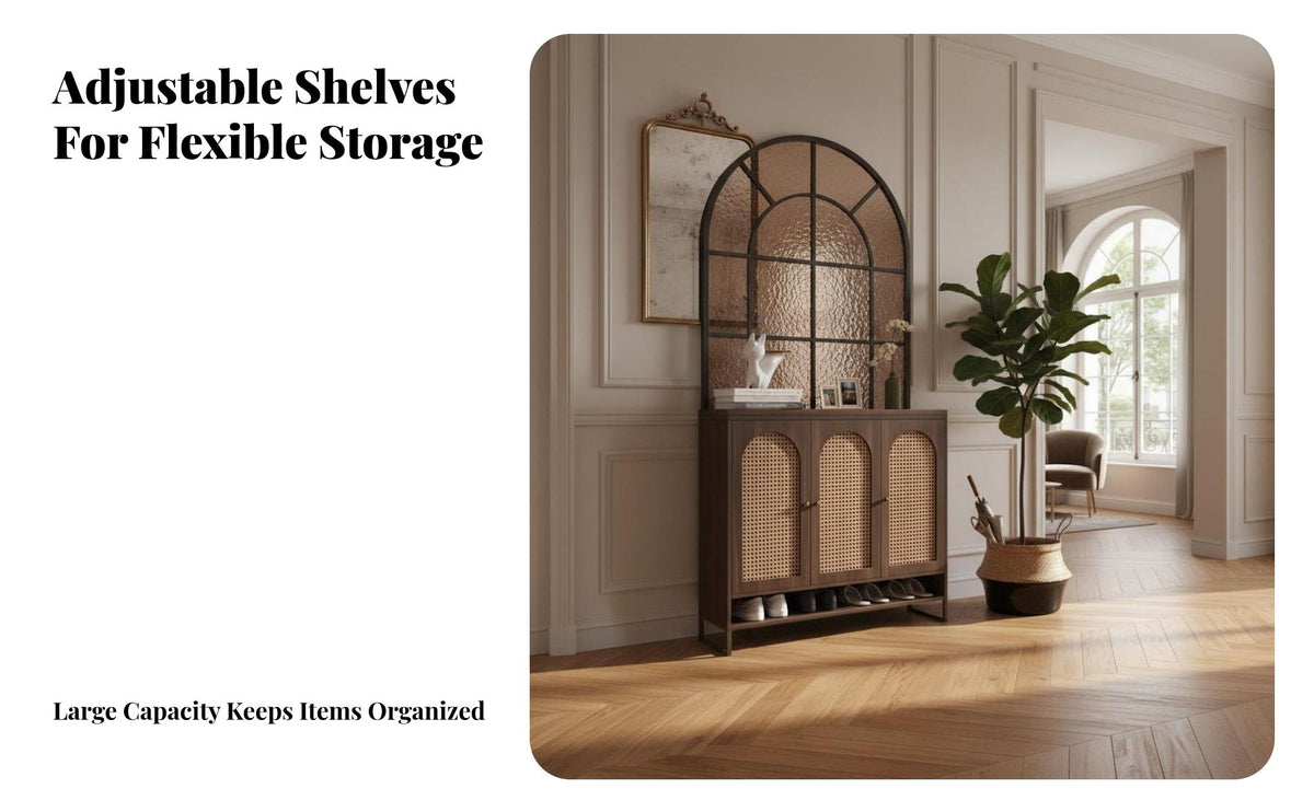 Integrated Shoe Storage screen Cabinet with Woven Doors Vintage influenced Room Divider Multi-Functional Design Household Furniture Ribbed Privacy Screen for Homeowners, Apartment Dwellers, Entryway, Foyer, Hallway