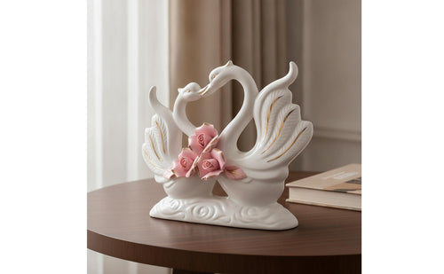 Glossy Ceramic Swan Figurine Gold-Trimmed Swan Ornament Floral Decor Sculpted for Living Room, Bedroom, Reception, Hotel