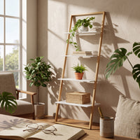 Leaning Ladder Shelf Space-Saving Leaning Shelf with Bamboo Frame Bamboo Ladder Bookcase Slim Furniture Vertical for Living Room