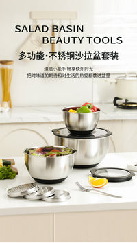 Transparent Baking Salad Bowl Set with Thickened Mixing Bowls, Non-slip Silicone Base, 304 Stainless Steel