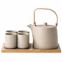Ceramic Tea Set Speckled Clay Tableware Wooden Tray