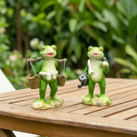 Cute Frog Figurine with Shoulder Pole Whimsical Cartoon Frog Statue Decorative Sculpture Funny for Collectors, Living Room, Bookshelf, Office, Plant Display
