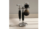 Shaving Set with Stand Chrome-Finished Shaving Implement and Brush Set Manual Shaving Kit with Brush for Men, Washroom, Travel