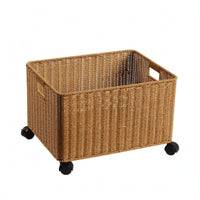 Basket on Wheels Swivel Casters Handwoven Rattan Basket Reinforced Border