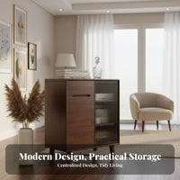 Walnut Dining Buffet Solid Wood Storage Sideboard Cabinet with Fluted Glass Doors and Spacious Countertop Suitable for Adults Renters Entryway Dining Room Living Room