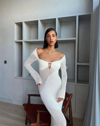 2024 White Crochet Backless Dress Hollow Out Bodycon Slit Ma