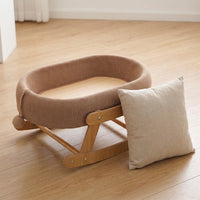 Elevated Cat Bed Rocker Lounger, Wood Frame Oval Basket for Indoor Cats, Universal Season Breathable Silicone Mat for Sleeping and Playing Use