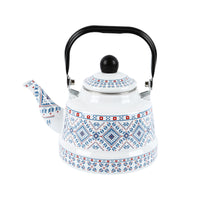 Enamel Whistling Kettle with Black Handle, Vintage Clock Pattern, for Tea or Boiling Water