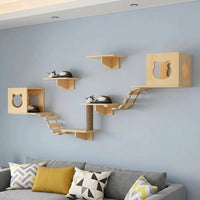 Cat Climbing Frame with House and Pad, Wood Wall Mounted Playground, Indoor Steps and Bridge, Simple Style Perch for Playing