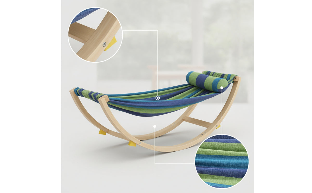 Rocking Hammock with Stand Striped Wooden Hammock Swing Curved Rocking Swing Chair for Kids, Young Children, Playroom, Balcony, Nursery