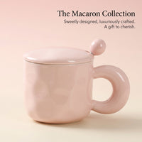 Macaron Ceramic Mug with Lid and Spoon, 400ml Pastel Color Tea for Girls, Large Coffee for Office and Home Use