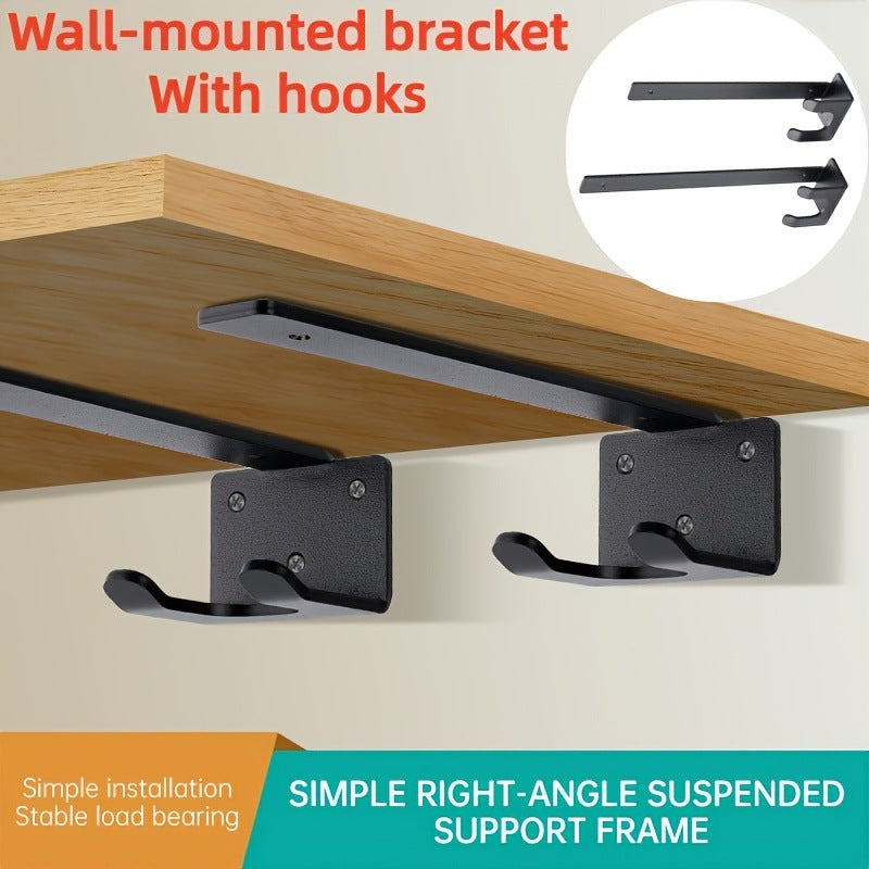 Black Hidden L-Shaped Shelf Bracket with Hooks, Thickened
