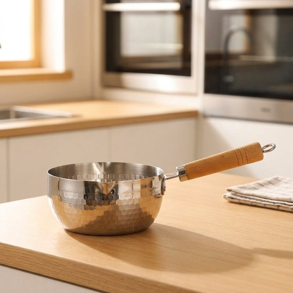 Induction Hob Milk Pan with Pouring Spout, Stainless Steel Pot for Gas Stoves, Stainless Steel Saucepan with Wooden Handle, Pasta Noodle Pot