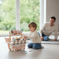 Ice Cream Cart with Make-Believe Snacks Wooden Ice Cream Cart with Handle Pastel Pretend Play Store for Young Children