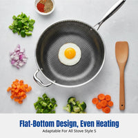 Stainless Steel Wok, 304 Nonstick Frying Pan, Hexagonal Surface, No Coating, Scuff Resistant, Flat Bottom, Chef Kitchen