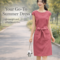Ladies Summer Dresses for Women, Sleeveless Midi Style Linen Beach Wear with Round Neckline and Tie Detail, Flared Casual Outfit