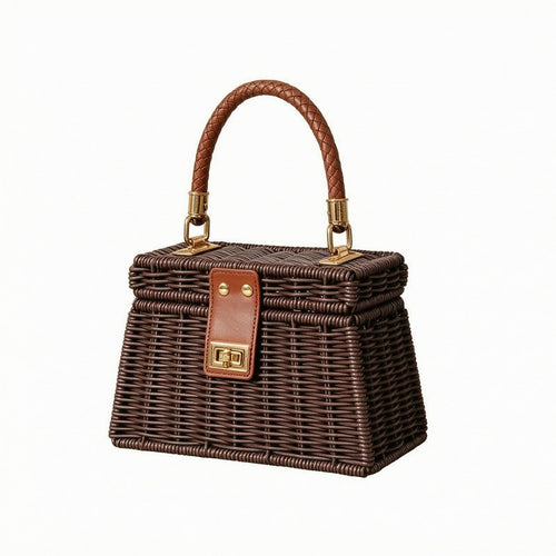Trapezoid Handbag Handmade Wicker Purse Braided Handle for Outings