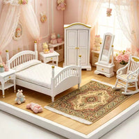 Dollhouse Miniature Furniture Model Ornaments 1:12 Miniature Bedroom Scene ob11 Wooden Bed Furniture 7-Piece Set