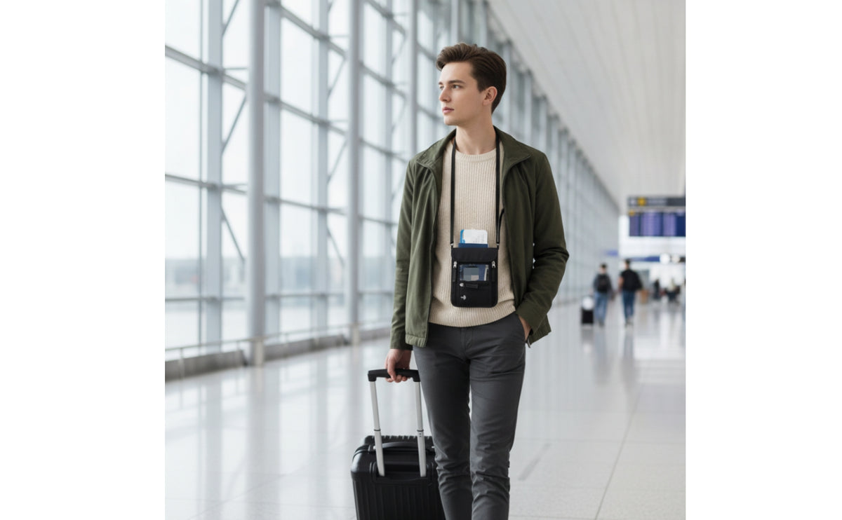 Adjustable Neck Pouch with Clear Window Multi-Pocket Neck Wallet Safeguarding Passport Holder Easy to Conceal for Travelers, Airports