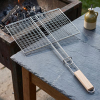 Stainless Steel Grill Basket with Wooden Handle Easy-Grip Cookware Portable Grills Reusable for Camping
