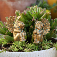 2 Pieces Bronze Cherub Stake Holiday Gift Cherub Garden Stake for Courtyard