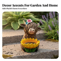 Scottish Cow Bird Feeder Weather-Resistant Blossom Bird Feeder Statue Waterproof Resin Cow Garden Ornament for Gardeners, Courtyard, Yard, Patio