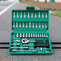 Socket Set with Hard Shell Case 46-Piece Socket Set with Case Chrome Mechanics Tools Kit for Vehicle Owners, Hobbyists, Garage, Home Maintenance