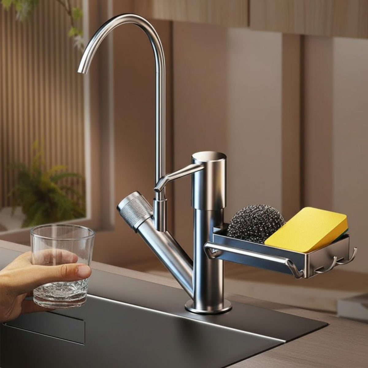 complete Design Soap Dispenser with Sponge Holder Press-Action Pump Multi-Compartment Sink Organizer Drainage Tray Countertop holder Space Saving for Homemakers, Homeowners, Parents, Kitchen, Home