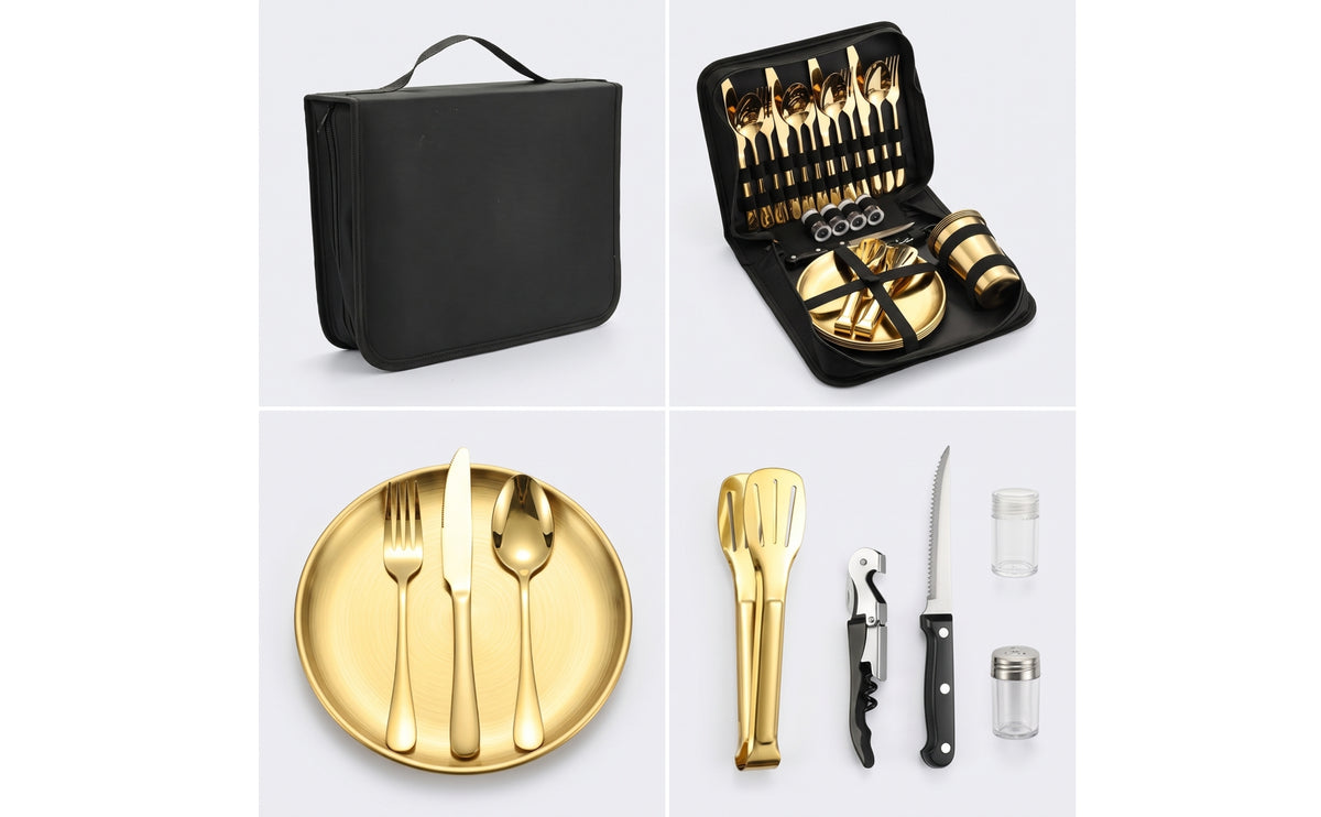 28 Pieces Stainless Steel Camping Flatware Set with Carrying Case Portable Camping Tableware Set Dishwasher Safe Travel Cutlery Kit with Case Rustproof for Campers, Backpackers, Picnics, Barbecues