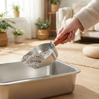 Metal Sifter with Slotted Holes, Deep Stainless Steel Cat Dog Waste Picker, Ergonomic Wooden Handle for Tray, Unique Cat Owner Gift